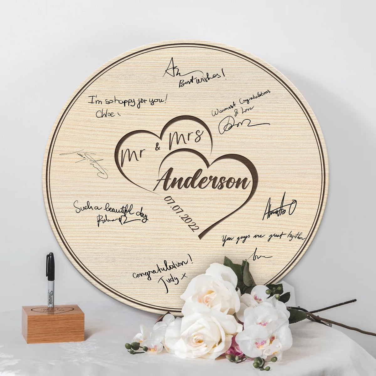 Memate Wedding Guestbook Alternative, Wedding Guest Books Personalized Family Name and Wedding Date, Wooden Wedding Guess Book Sign Board for Signature, Rustic Round Wooden Wedding Sign for Couple