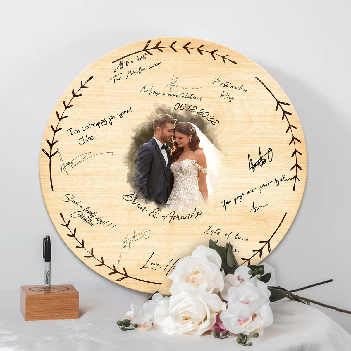 Memate Wedding Guestbook Alternative, Wedding Guest Books Personalized Couple Photo, Family Name and Wedding Date, Wooden Wedding Sign Board for Signature, Rustic Round Wooden Wedding Sign