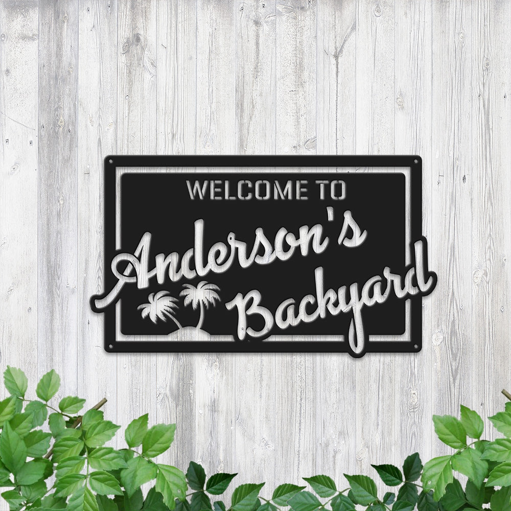 MeMate Backyard Sign Outdoor Decor, Personalized Metal Sign for Backyard, Patio, Custom Name Signs for Garden Porch, Deck, Large Metal Sign