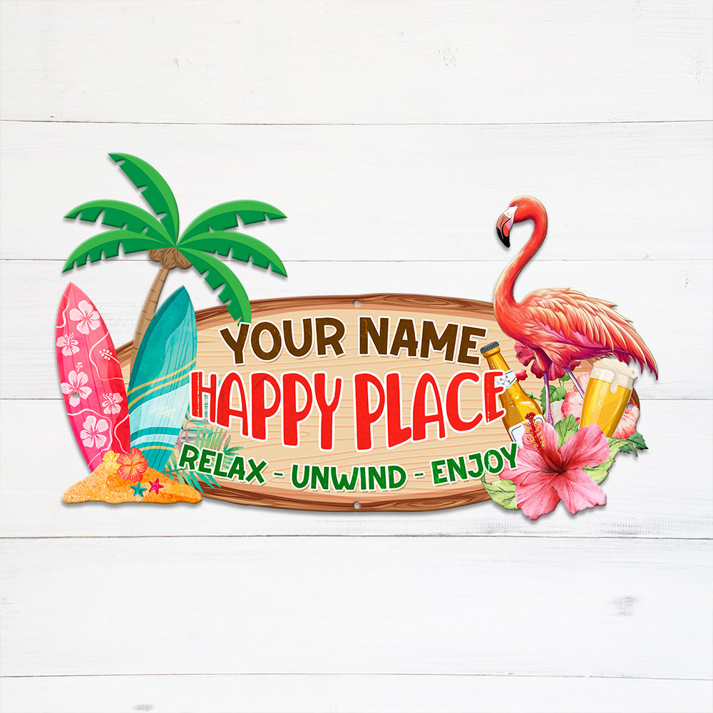 MeMate Flamingo Happy Place Signs, Flamingo House Outdoor Décor, Flamingo House Metal Sign, Personalized Flamingo Tropical Sign, Flamingo Metal Sign Housewarming Gift for Family Friend