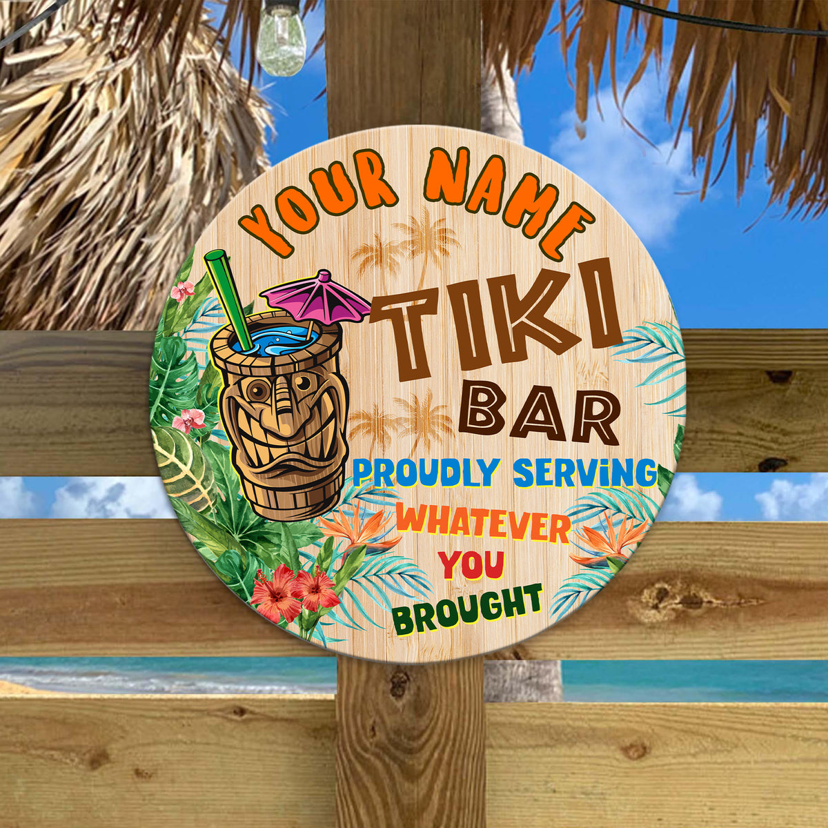 MeMate Custom Tiki Bar Sign – Personalized Wooden Name Sign for Backyard, Patio, Tiki Lounge Decors, Beach Bar, Party Decorations – Rustic Round Printed Wood Signs Wall Hanging Decorative