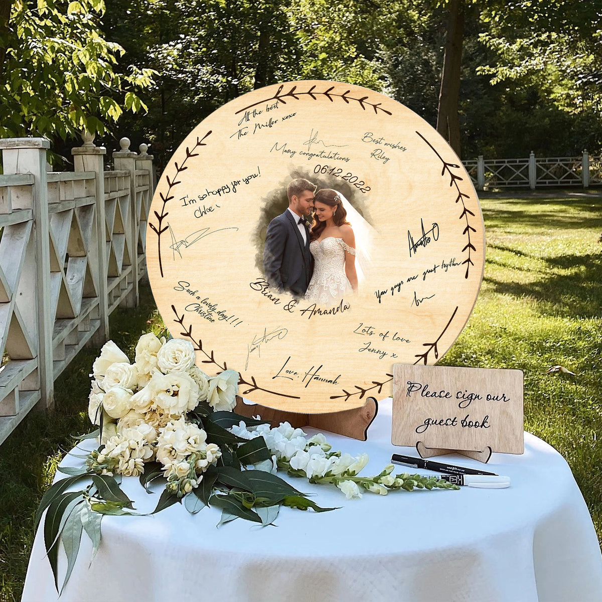 Memate Wedding Guestbook Alternative, Wedding Guest Books Personalized Couple Photo, Family Name and Wedding Date, Wooden Wedding Sign Board for Signature, Rustic Round Wooden Wedding Sign
