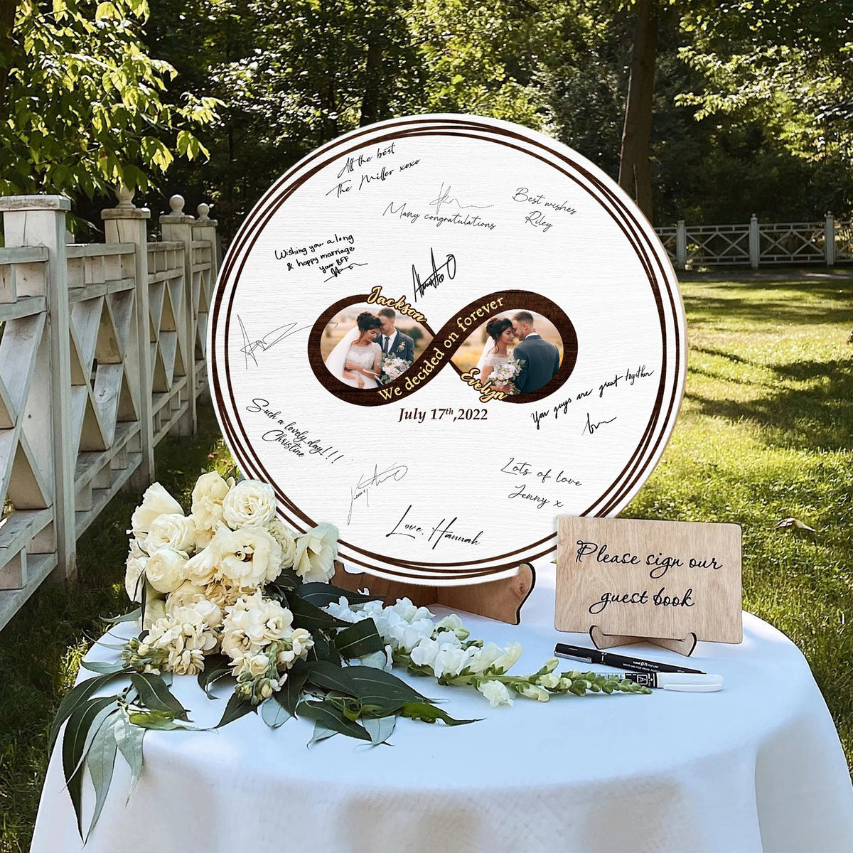 Memate Wedding Guestbook Alternative, Wedding Guest Books Personalized Photo Family Name and Wedding Date, Wooden Wedding Sign Board for Signature, Rustic Round Wooden Wedding Signs