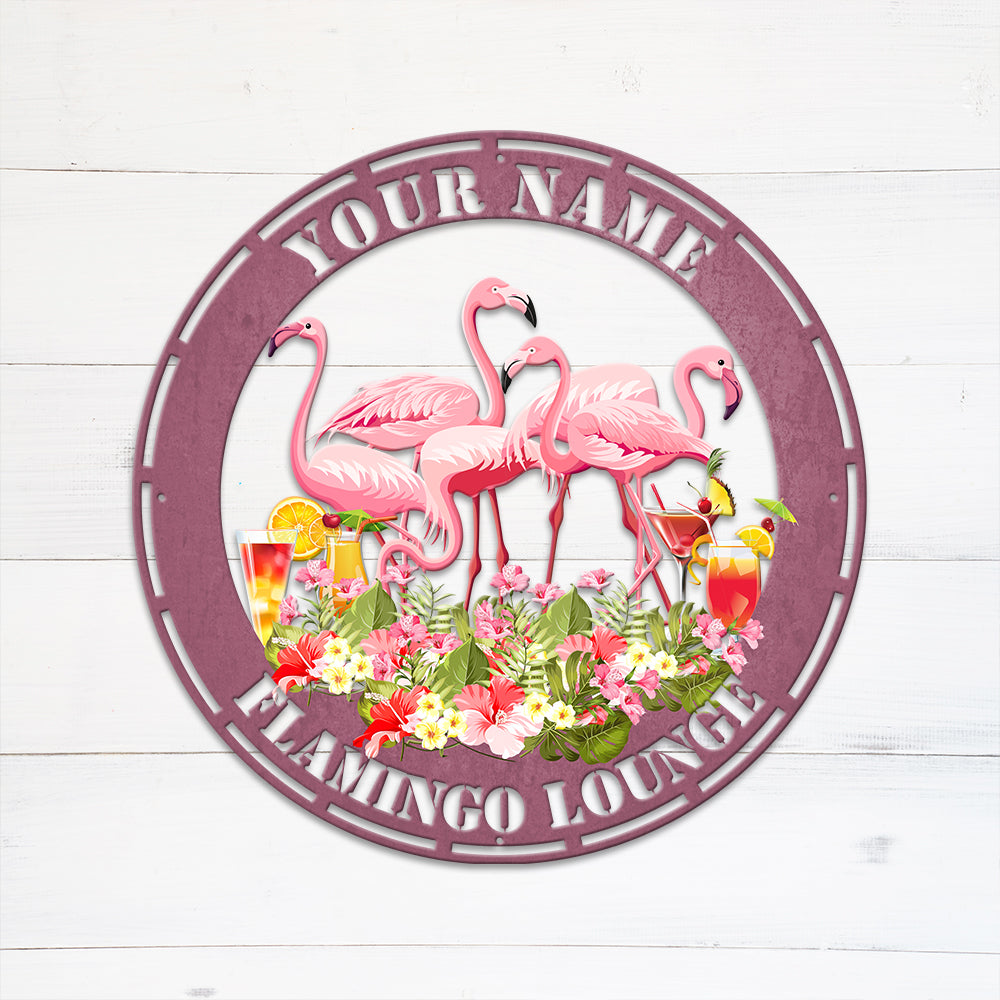 MeMate Flamingo Metal Sign, Outdoor Décor for Backyard, Patio, Pool, Kitchen, Lounge, Personalized Name Outdoor Sign, Pink Metal Sign Housewarming Gift for Family Friend