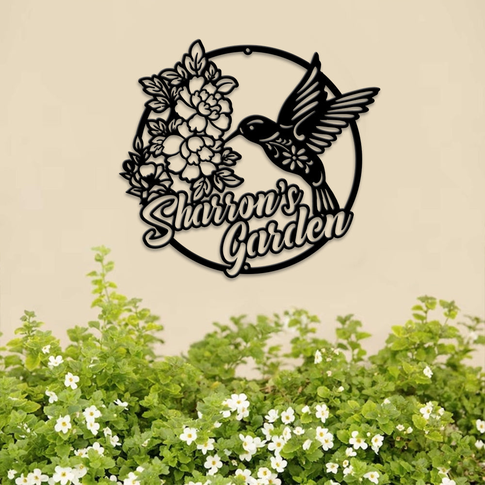 MeMate Personalized Metal Sign Hummingbird, Custom Garden Metal Signs Outdoor Décor, 8" - 24" Garden Signs Metal, HummingbirdSign, Hummingbird Flowers Garden Signs to Personalize, Shed Shed Sign