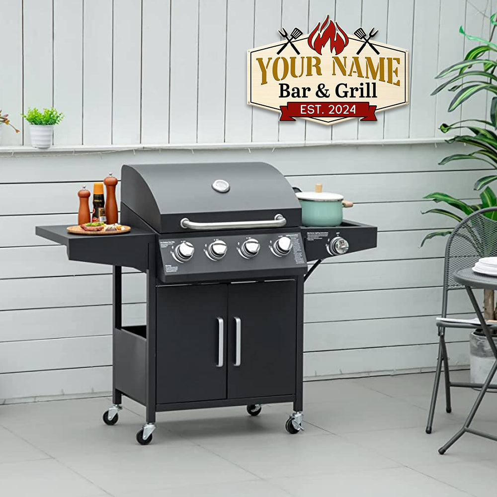 MeMate Metal BBQ Signs, Bar and Grill Sign to Personalize, Personalized Barbecue Metal Signs Kitchen Decor, Custom Name Outdoor Plaques, Rustic Decorations for Man Cave