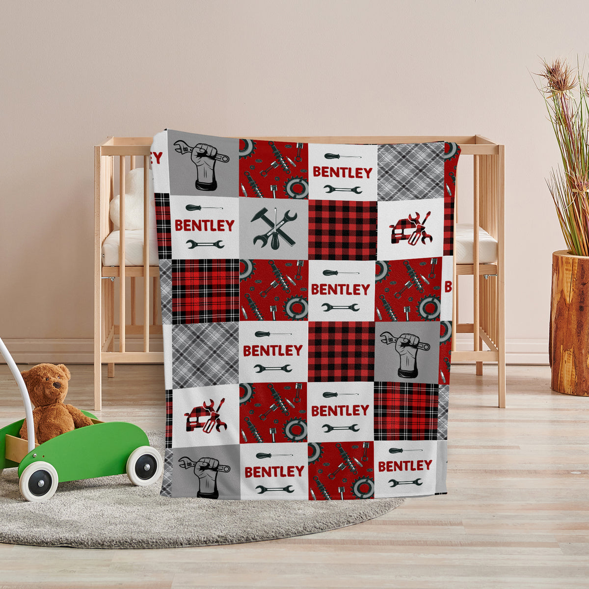 Baby Blanket with Name, Mechanic Baby Blankets, Personalized Baby Blankets for Boys Girls, Custom Baby Blankets Name, Baby Swaddle Blanket, Red Plush Blankets for Daughter Son Newborn Toddlers Kids