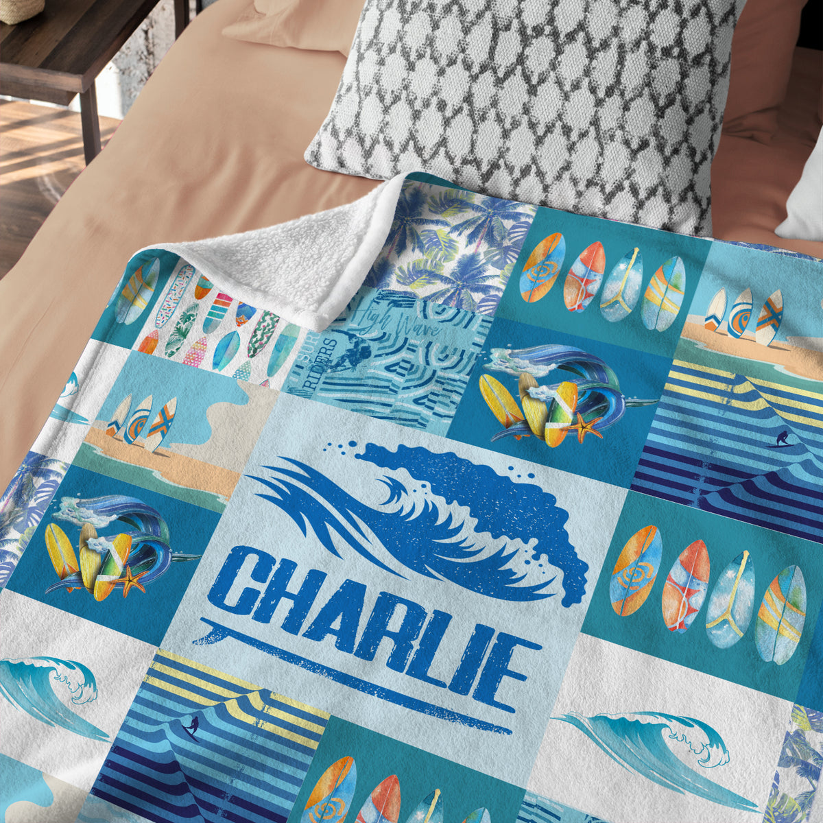 Surfer Baby Blankets, Surfboard Baby Blanket, Personalized Baby Blankets for Boys Surfing, Custom Baby Blankets Name for Girls, Beach Swaddle Blanket, Blue Plush Blankets for Newborn Toddlers Kids