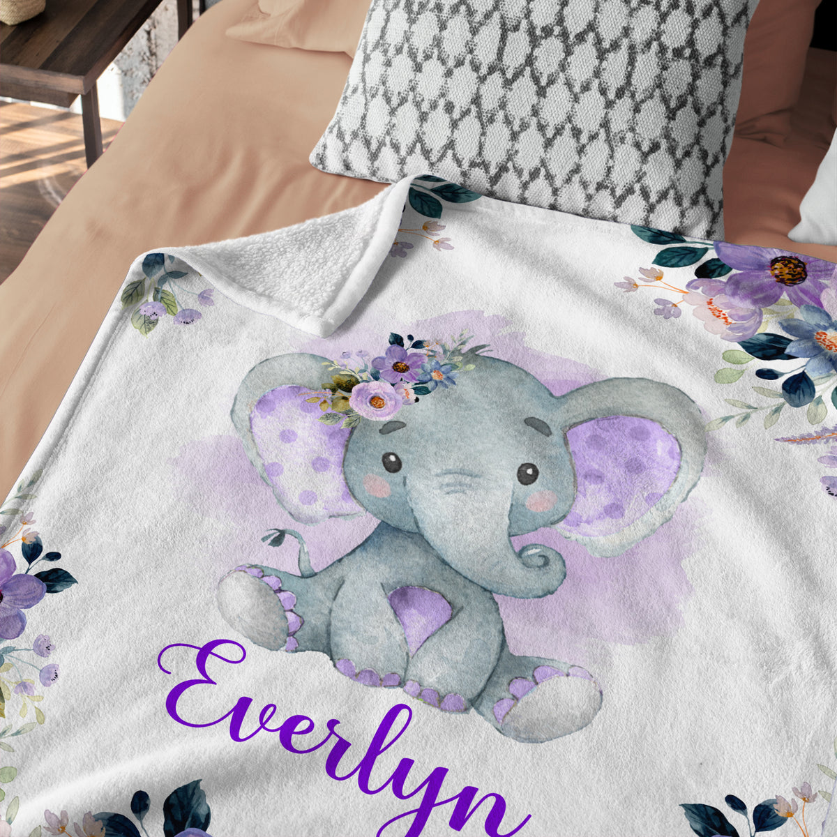 Elephant Baby Blankets, Personalized Baby Blankets for Girls, Custom Baby Elephant Blankets with Purple Flowers, Baby Girl Swaddle Blankets, Plush Blankets for Newborn Infant Daughter Granddaughter
