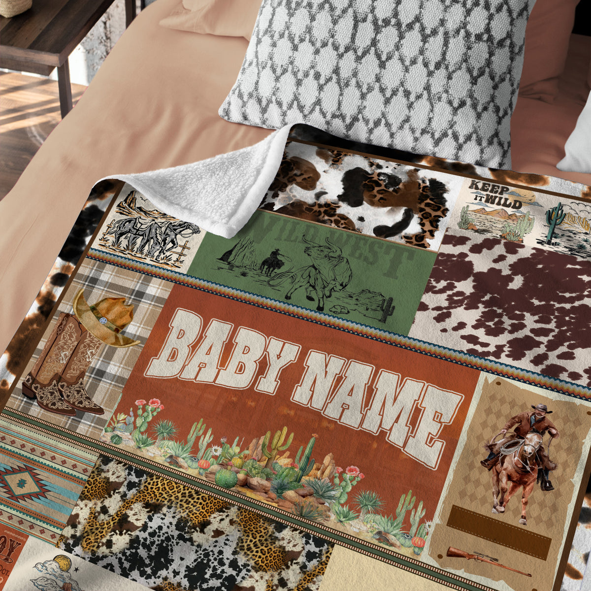 Baby Western Stuffs, Western Baby Blanket, Personalized Baby Blankets for Boys Girls, Cowboy Baby Blanket Name, Custom Name Baby Blankets, Swaddle Blanket with Cow Prints for Crib Stroller Bed Travel
