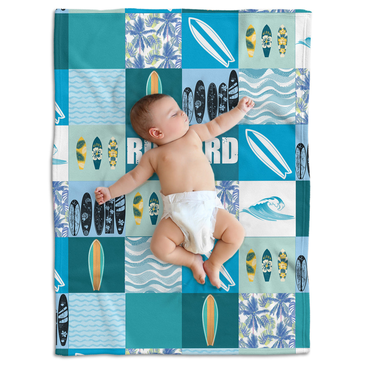 Surfboard Baby Blanket, Surfer Baby Blankets, Personalized Baby Blankets for Boys Surfing, Custom Baby Blankets Name for Girls, Beach Swaddle Blanket, Blue Plush Blankets for Newborn Toddlers Kids