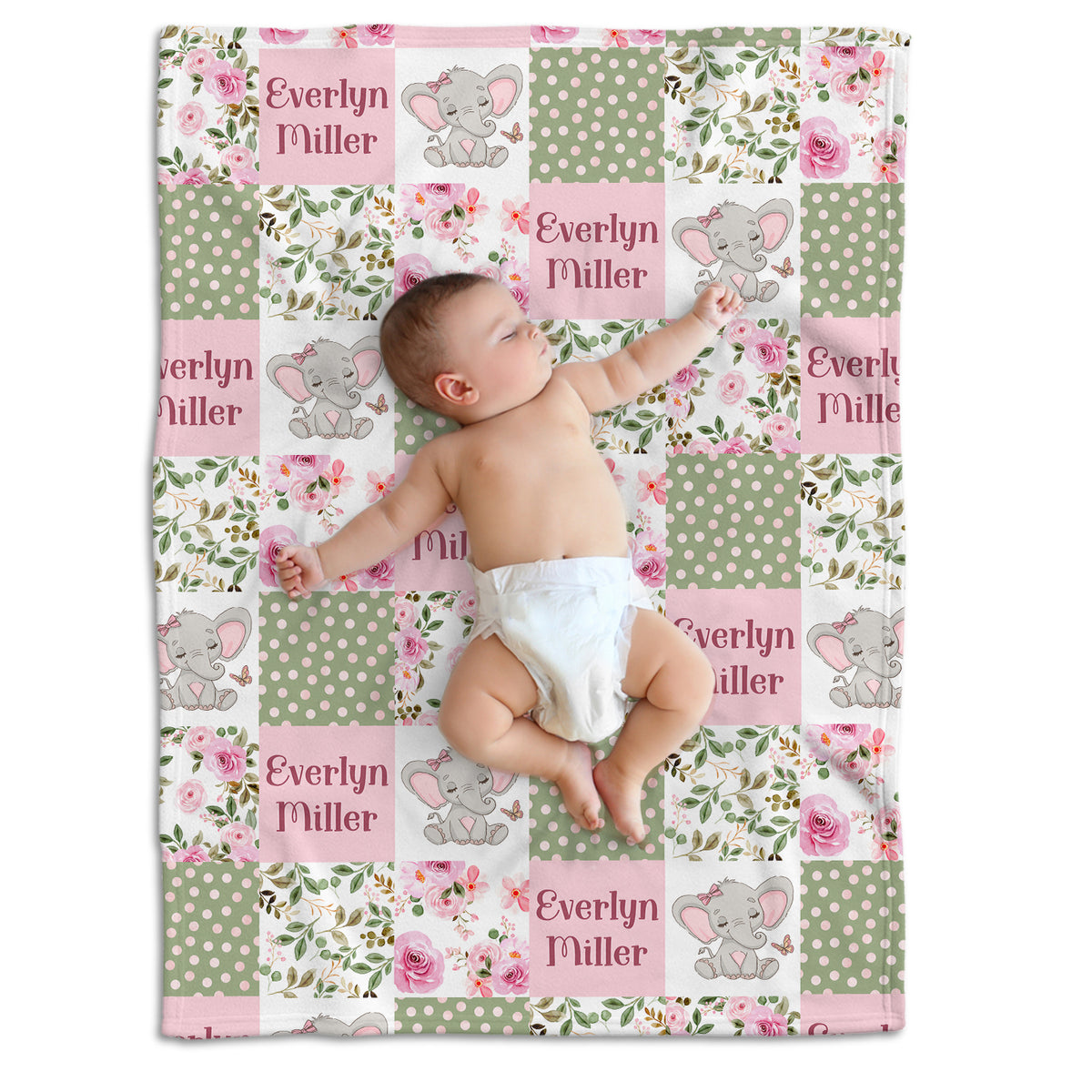 Elephant Baby Blankets, Personalized Baby Blankets for Girls, Baby Girl Swaddle Blanket, Custom Baby Elephant Blanket with Pink Flowers, Plush Blankets for Newborn Infant Daughter Granddaughter