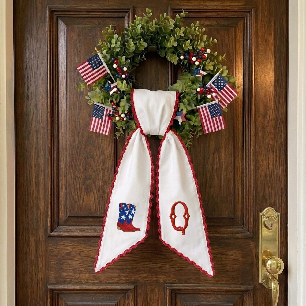 Patriotic Wreath Sash for Front Door, Western Cowboy US Flag Door Wreath Decor, 54x5 in Personalized Initial Wreath Ribbon, Monogram Embroidered Sash for Holiday, 4th of July Wreath Sashes, Housewarming Gifts