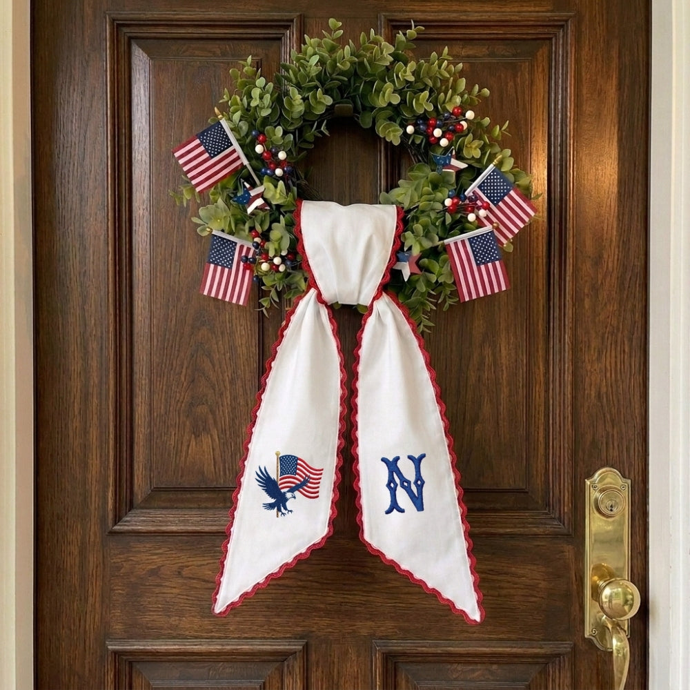 Patriotic Wreath Sash for Front Door, Eagle with US Flag Door Wreath Decor, 54x5 in Personalized Initial Wreath Ribbon, Monogram Embroidered Sash for Holiday, 4th of July Wreath Sashes, Housewarming Gifts