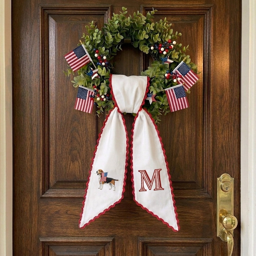 Beagle with US Flag Wreath Sash for Front Door, Personalized Initial Name Wreath Sash, Patriotic Wreath Sash, Monogramed Embroidered Ribbon with Adjustable Bow Knot Farmhouse Door Wreath Decor, 4th July Gift for Family Friends