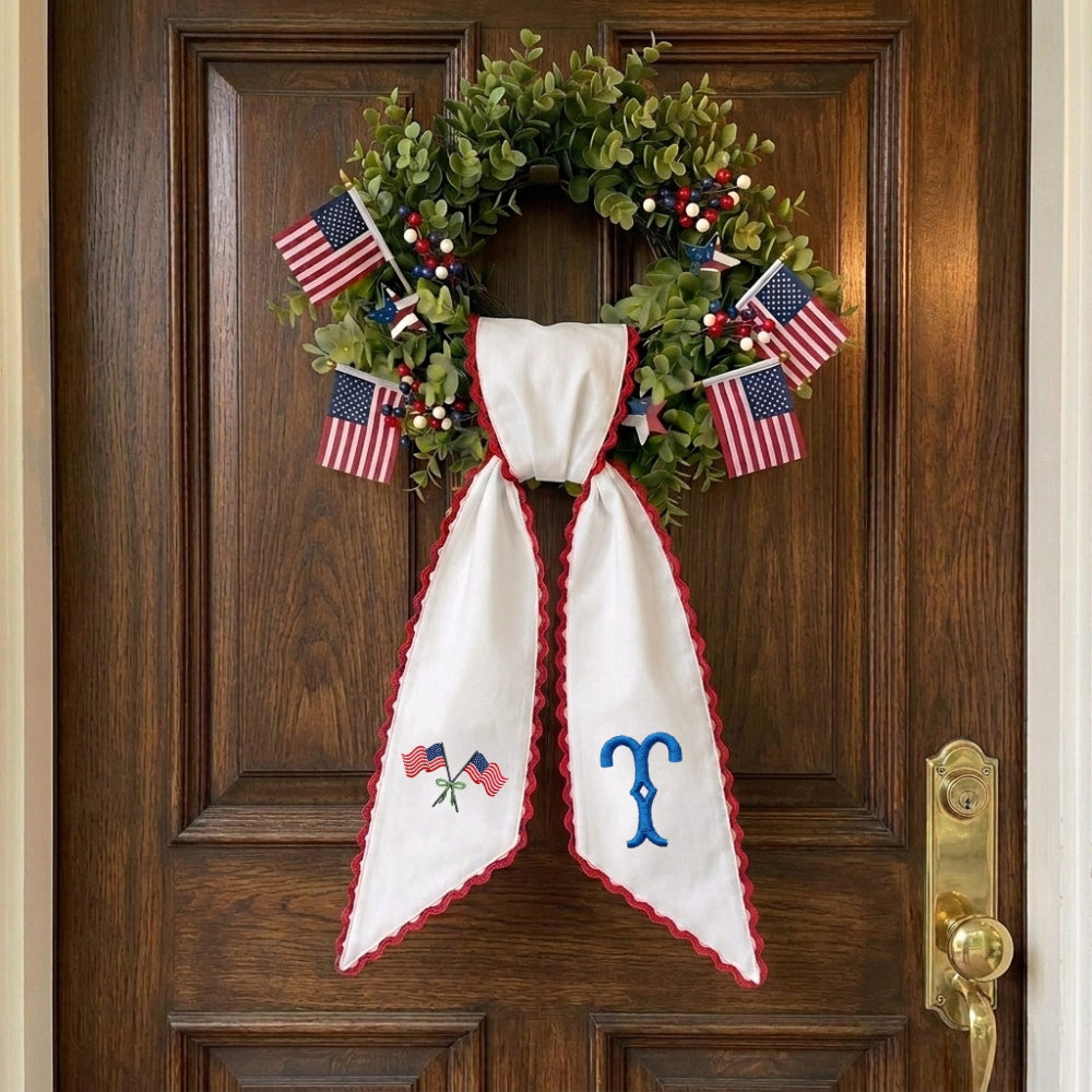 Patriotic Wreath Sash for Front Door, US Flag With Bow Door Wreath Decor, 54x5 in Personalized Initial Wreath Ribbon, Monogram Embroidered Sash for Holiday, 4th of July Wreath Sashes, Housewarming Gifts