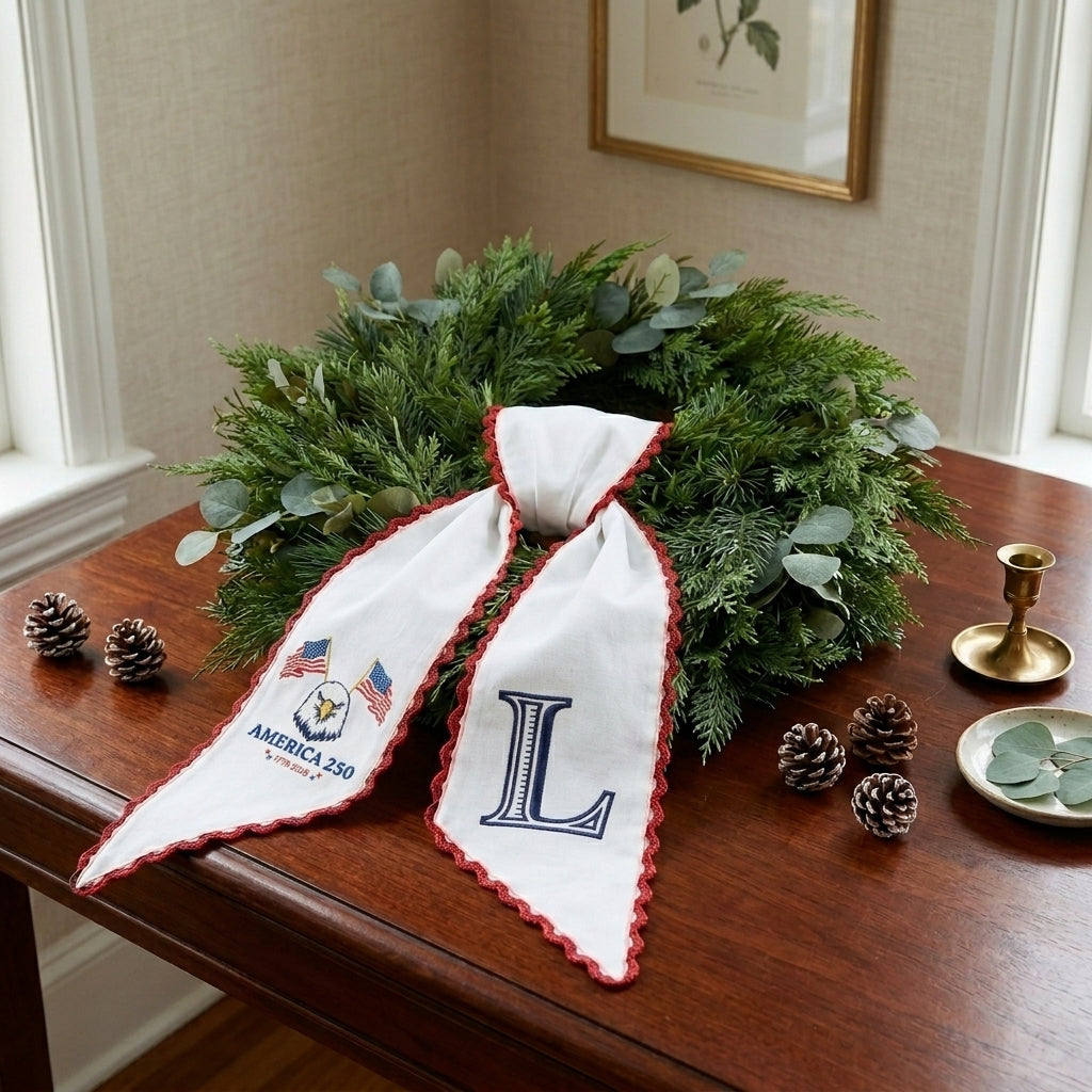 Patriotic Wreath Sash for Front Door, US Flag Door Wreath Decor, 54x5 in Personalized Initial Wreath Ribbon, Monogram Embroidered Sash for Holiday, 4th of July Wreath Sashes for Porch