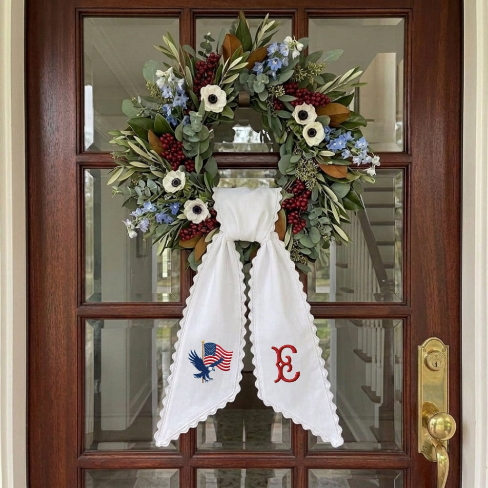 Patriotic Wreath Sash for Front Door, Eagle with US Flag Door Wreath Decor, 54x5 in Personalized Initial Wreath Ribbon, Monogram Embroidered Sash for Holiday, 4th of July Wreath Sashes, Housewarming Gifts
