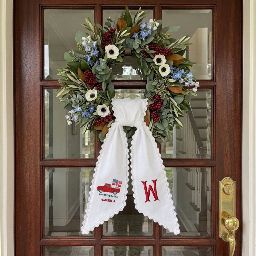 Patriotic Wreath Sash for Front Door, Red Truck US Flag Door Wreath Decor, 54x5 in Personalized Initial Wreath Ribbon, Monogram Embroidered Sash for Holiday, 4th of July Wreath Sashes, Housewarming Gifts
