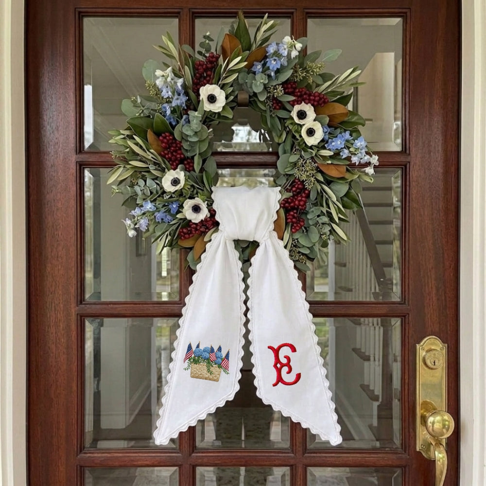 US Flag With Hydrangea Patriotic Wreath Sash 54x5 Inch, Wreath Sash for Front Door, Personalized Embroidered Monogram Sash, Independence Day Front Door Decor, America Flag with Bow Wreath Sashes