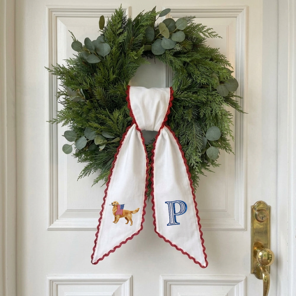 Patriotic Wreath Sash for Front Door, Golden Retriever with US Flag Door Wreath Decor, 54x5 in Personalized Initial Wreath Ribbon, Monogram Embroidered Sash for Holiday, 4th of July Wreath Sashes, Housewarming Gifts