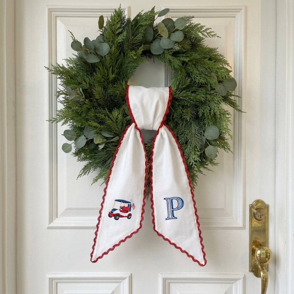 Patriotic Wreath Sash for Front Door, Golf with US Flag Door Wreath Decor, 54x5 in Personalized Initial Wreath Ribbon, Monogram Embroidered Sash for Holiday, 4th of July Wreath Sashes, Housewarming Gifts
