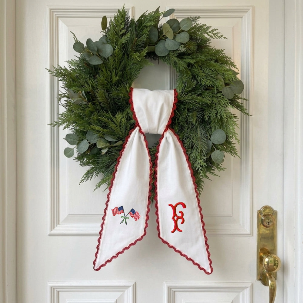 Patriotic Wreath Sash for Front Door, US Flag With Bow Door Wreath Decor, 54x5 in Personalized Initial Wreath Ribbon, Monogram Embroidered Sash for Holiday, 4th of July Wreath Sashes, Housewarming Gifts