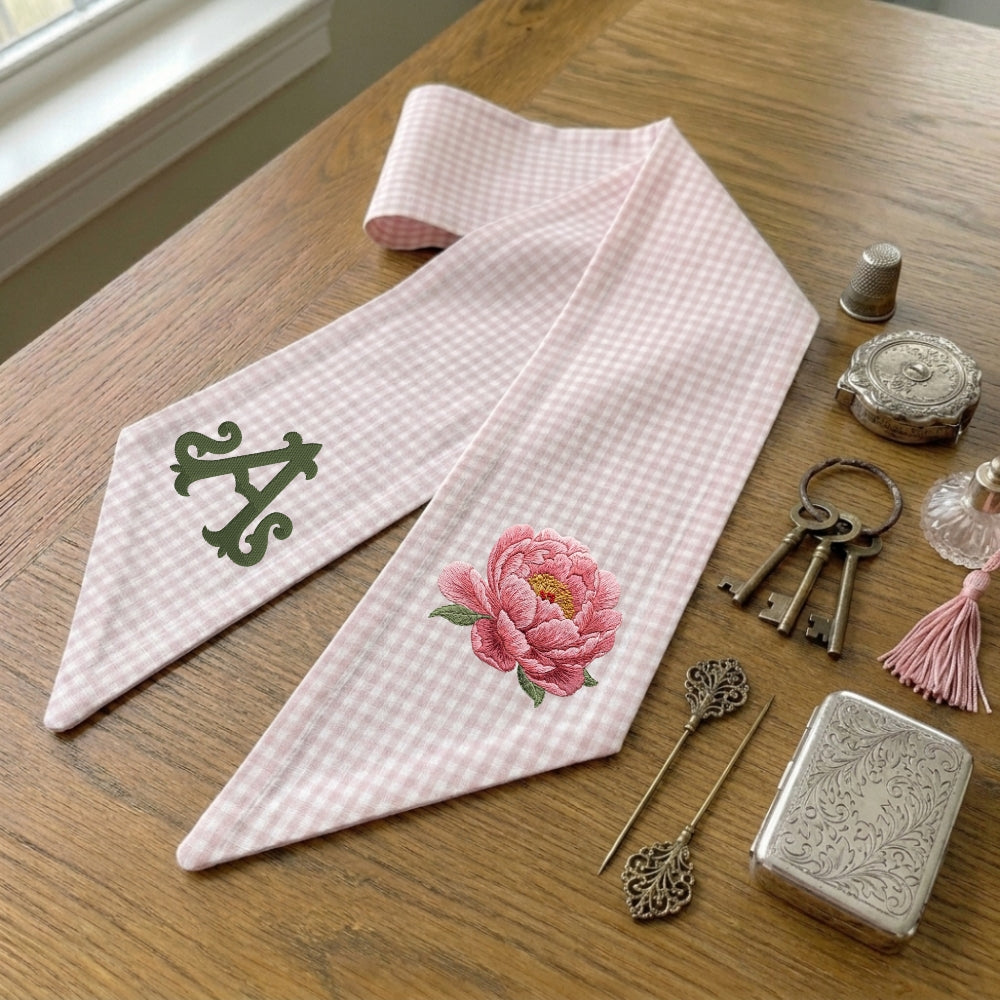 Peony Wreath Sash for Front Door, Flowers Wreath Sash 54x5 Inch, Personalized Initial Monogram Sash, Peony Front Door Decor, Embroidered Bow Wreath Sashes