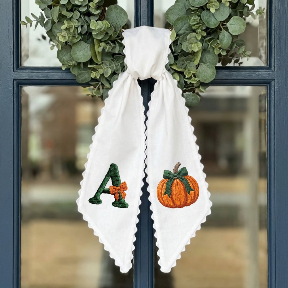 Fall Wreath Sash Bow Embroidered Initials, Personalized Monogram Wreath Sashes 54x5 in, Autumn Wreath Ribbon for Front Door, Garland Accessories, Farmhouse Door Wreath Decor, Pumpkins Monogram Sash