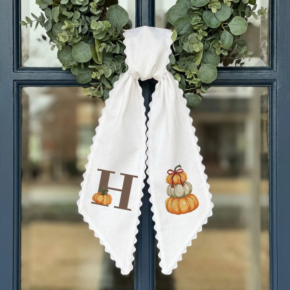 Fall Wreath Sash Bow, Personalized Initial Wreath Sashes 54x5 in, Autumn Wreath Ribbon for Front Door, Monogram Garland Accessories, Farmhouse Door Wreath Decor, Pumpkins Monogram Embroidered Sash