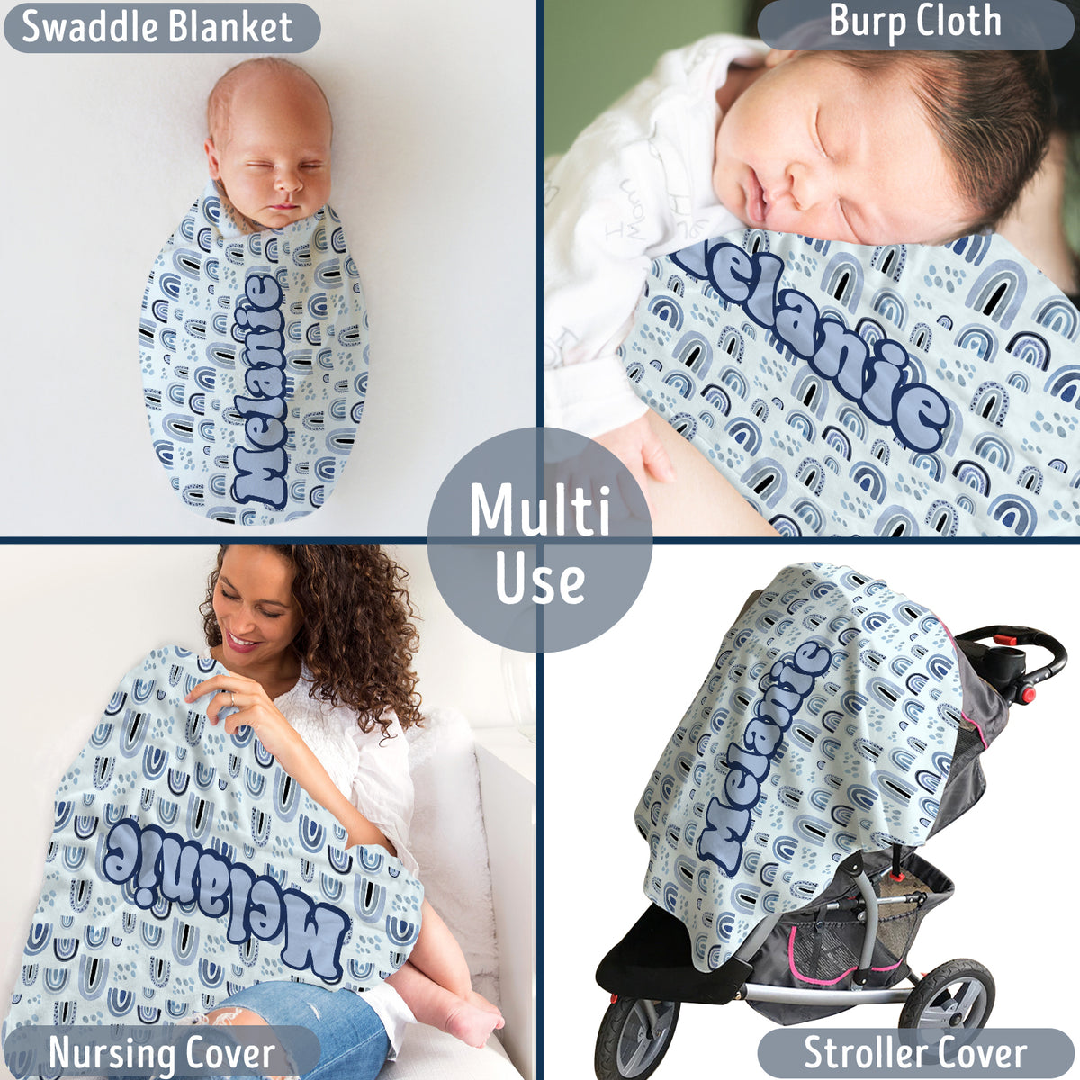 Rainbow Baby Blankets, Personalized Baby Blankets for Girls, Baby Girl Swaddle Blanket, Custom Baby Rainbow Blanket Blue, Plush Blankets for Newborn Infant Daughter Granddaughter Toddlers Kids