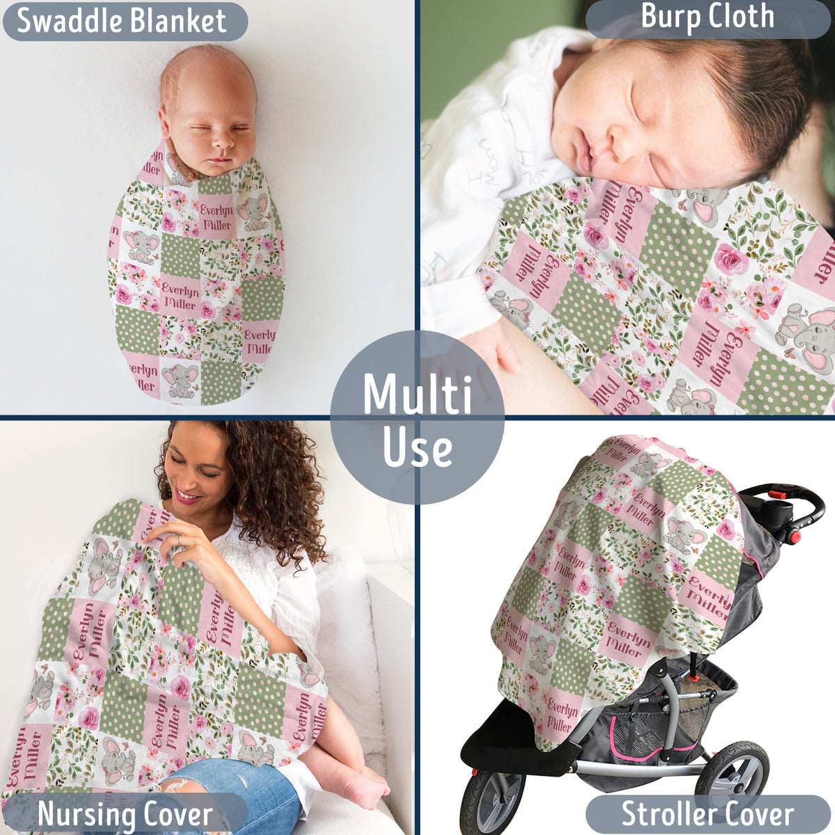 Elephant Baby Blankets, Personalized Baby Blankets for Girls, Baby Girl Swaddle Blanket, Custom Baby Elephant Blanket with Pink Flowers, Plush Blankets for Newborn Infant Daughter Granddaughter