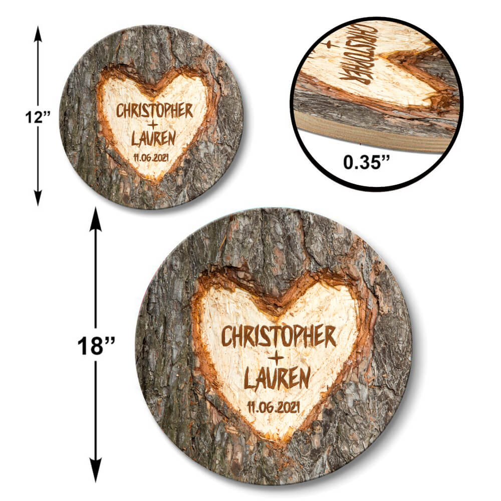 MeMate Custom Couple Name Anniversary Date Printed Wooden Sign Hanging Wall Decor - Personalized Signs for Couple - Tree Round Rustic Wood Plaque Accessories for Couples, Newlyweds, Valentines Day