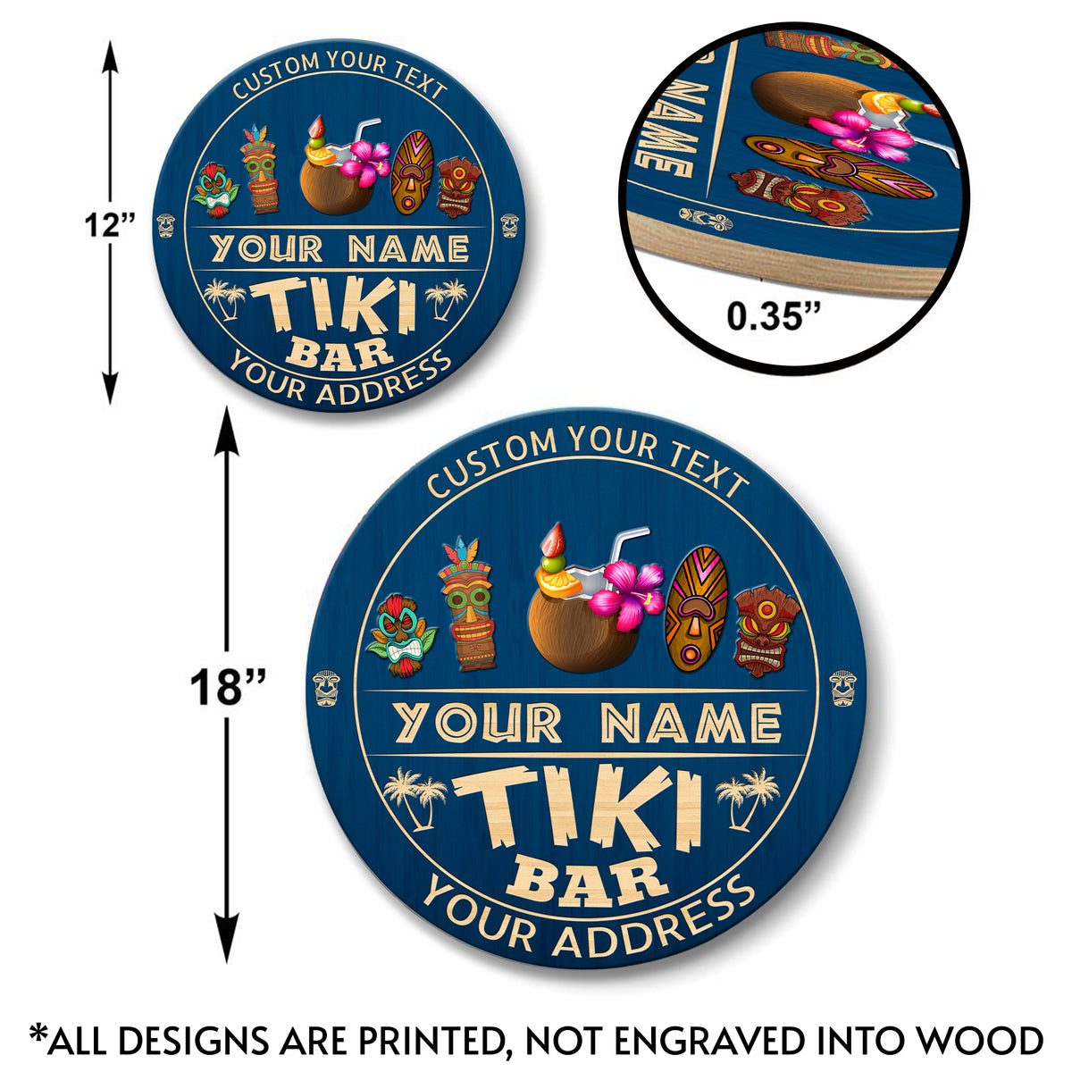 MeMate Custom Tiki Bar Sign - Personalized Wooden Name Sign for Tiki Lounge, Backyard, Patio, Beach Bar, Party Decors - Vintage Rustic Round Printed Wood Signs Wall Hanging Decorative