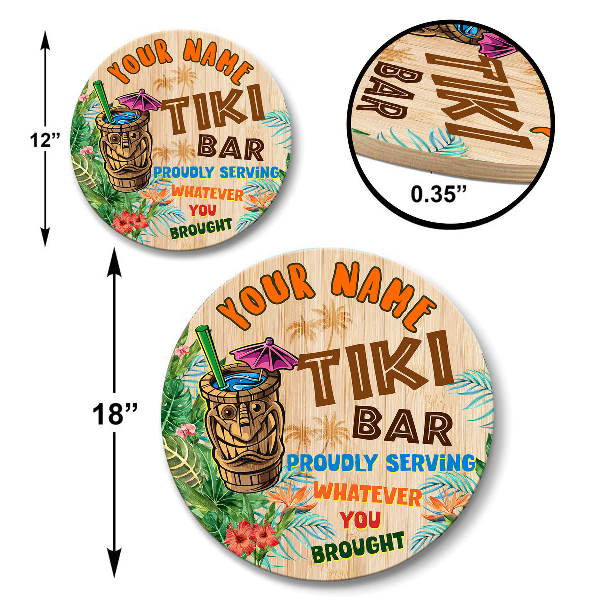 MeMate Custom Tiki Bar Sign – Personalized Wooden Name Sign for Backyard, Patio, Tiki Lounge Decors, Beach Bar, Party Decorations – Rustic Round Printed Wood Signs Wall Hanging Decorative