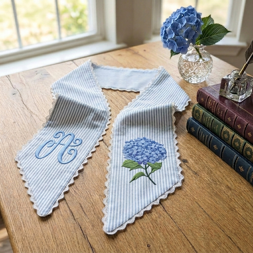 Hydrangea Monogram Wreath Sash Bow for Front Door, Personalized Initial Name, Monogramed Embroidered Ribbon with Adjustable Bow Knot Farmhouse Door Wreath Decor, Gift for Family Friends