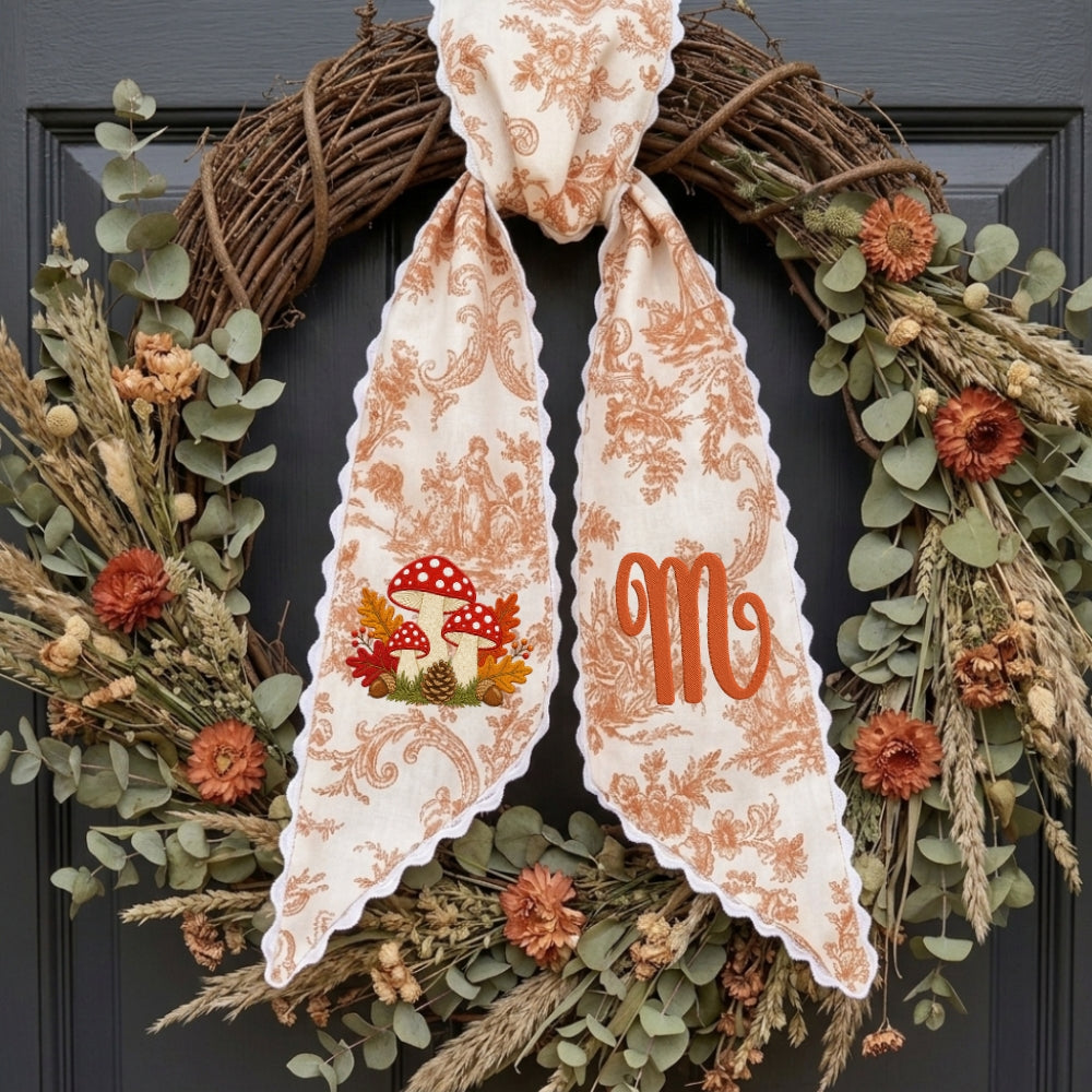 Embroidered Fall Wreath Sash Bow with Initials, Personalized Monogram Wreath Sashes 54x5 in, Mushroom Wreath Ribbon for Front Door, Garland Accessories, Autumn Farmhouse Door Wreath Decor