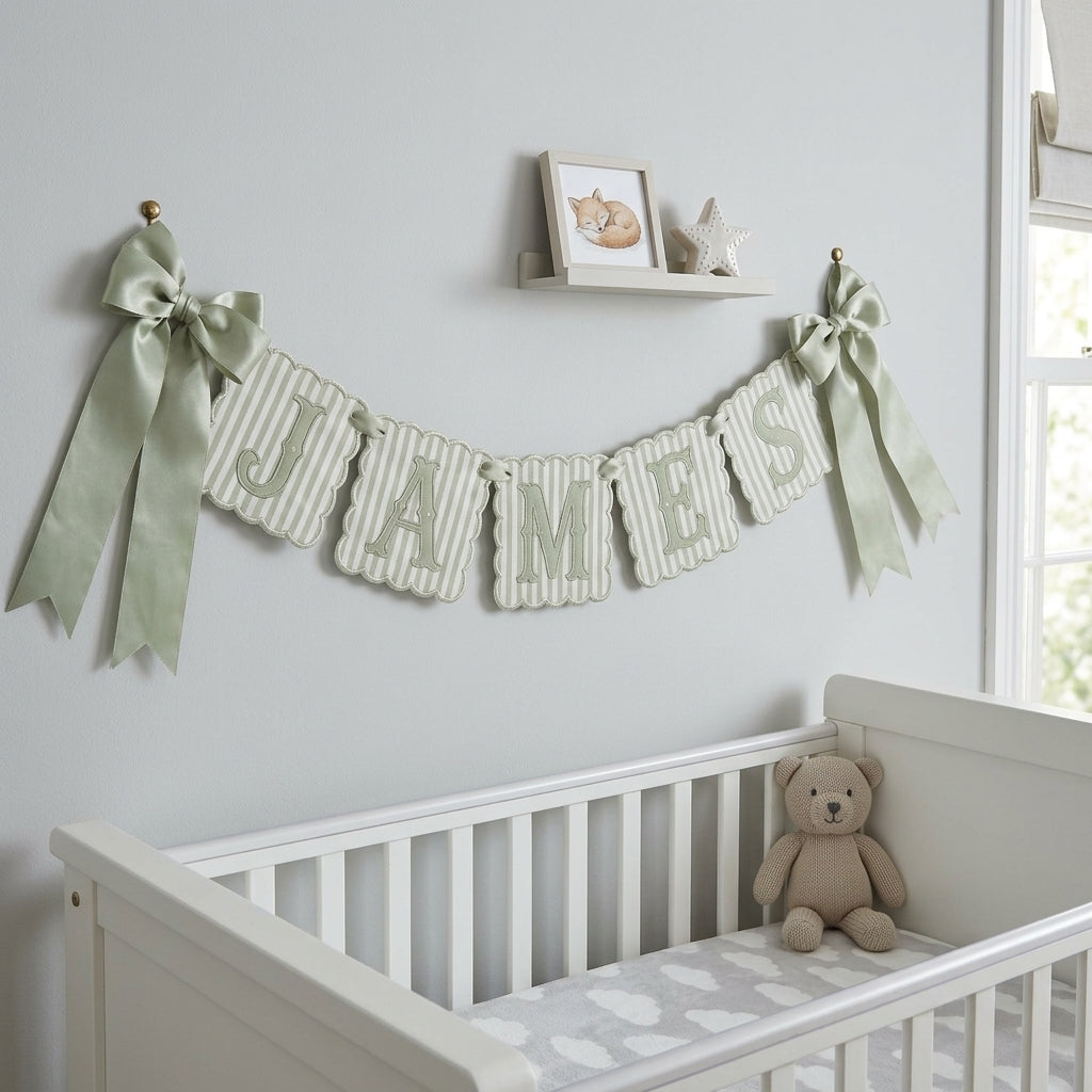 Personalized Embroidered Baby Banner, Custom Baby Name Banner, Scallopped Bow Name Banner, Baby Shower Decor, Pink Nursery Room Decorations, Nursery Garland for Newborn, Baby Shower Gifts Boys Girls