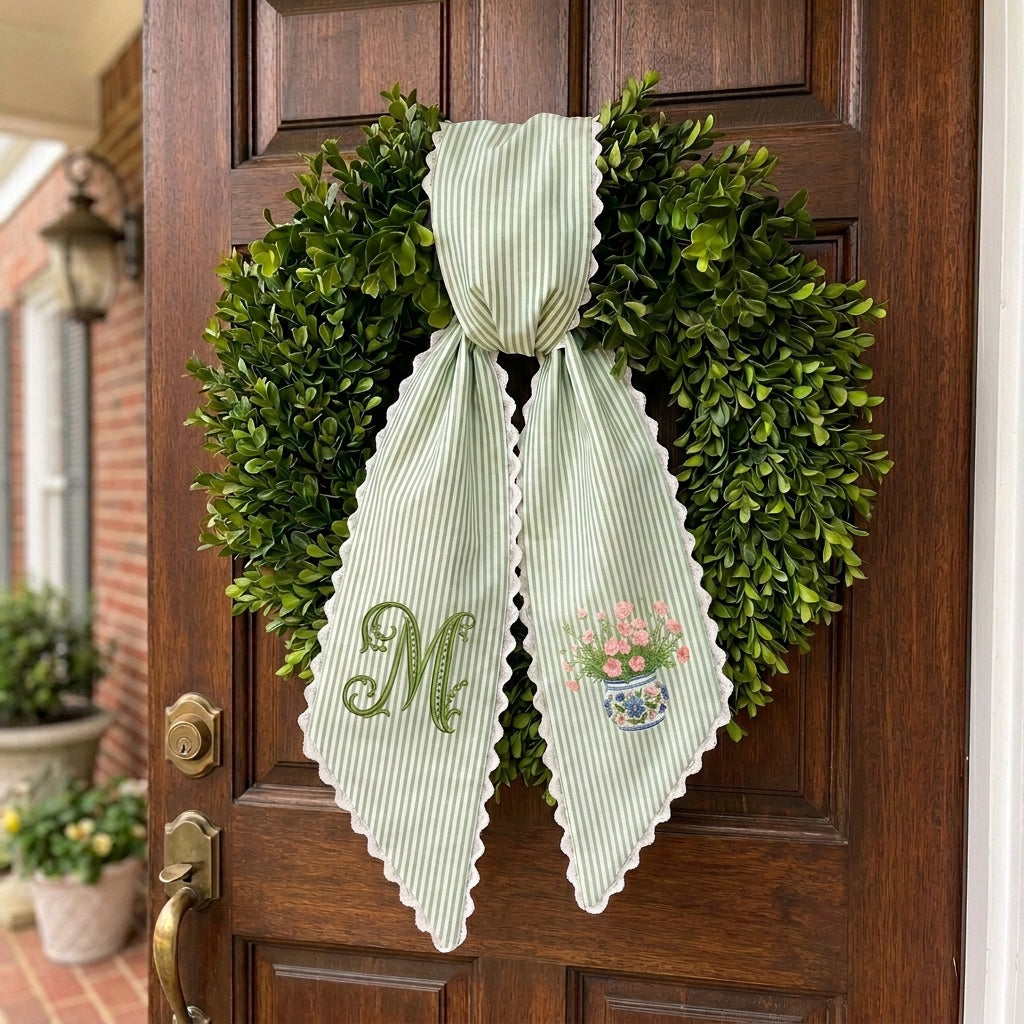 Pink Flowers Wreath Sash for Front Door, Embroidered Flower Wreath Sash 54x5 Inch, Personalized Initial Monogram Sash Front Door Decor, Bow Wreath Sashes for Family Friends