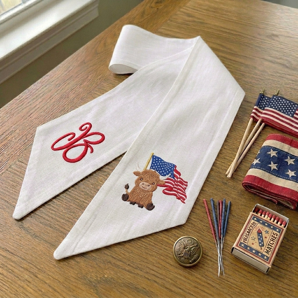 Patriotic Wreath Sash for Front Door, Highland Cow with US Flag Door Wreath Decor, 54x5 in Personalized Initial Wreath Ribbon, Monogram Embroidered Sash for Holiday, 4th of July Wreath Sashes, Housewarming Gifts