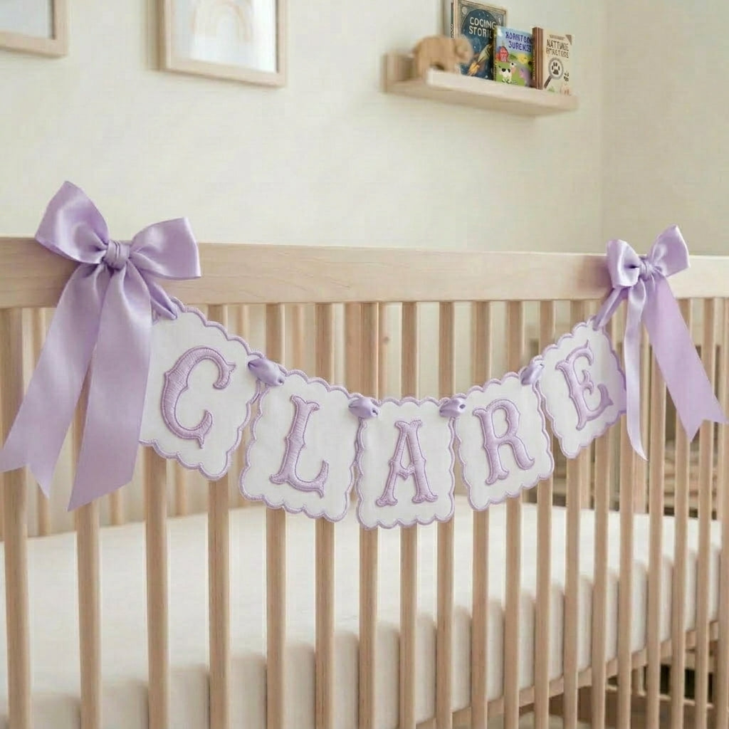 Personalized Embroidered Baby Banner, Custom Baby Name Banner, Scallopped Bow Name Banner, Baby Shower Decor, Pink Nursery Room Decorations, Nursery Garland for Newborn, Baby Shower Gifts Boys Girls