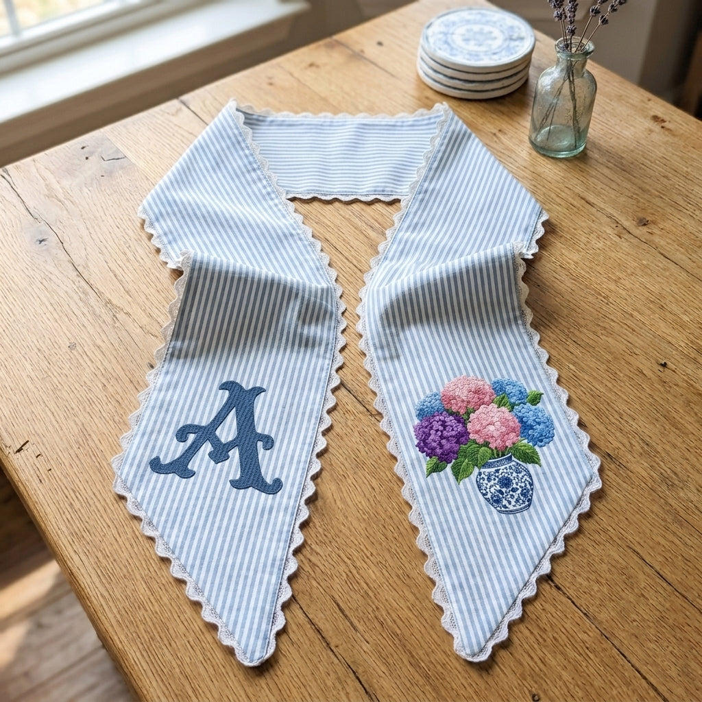 Hydrangea Monogram Wreath Sash Bow for Front Door, Flowers Vase Personalized Initial Name, Monogramed Embroidered Ribbon with Adjustable Bow Knot Farmhouse Door Wreath Decor, Gift for Family Friends