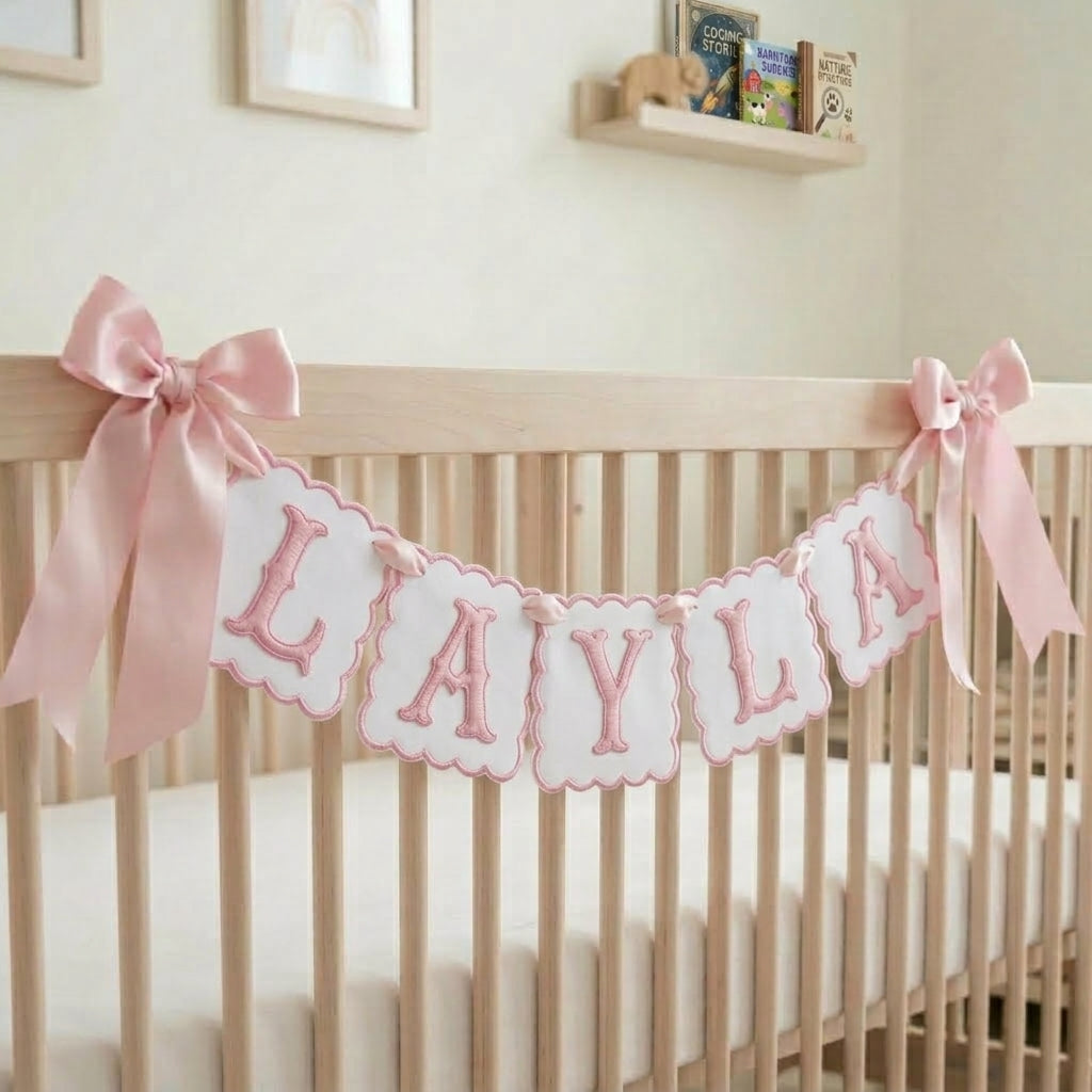 Embroidered Baby Banner, Personalized Baby Name Banner, Scallopped Bow Name Banner, Baby Shower Decor, Custom Pink Nursery Room Decorations, Nursery Garland for Newborn, Baby Shower Gifts Boys Girls