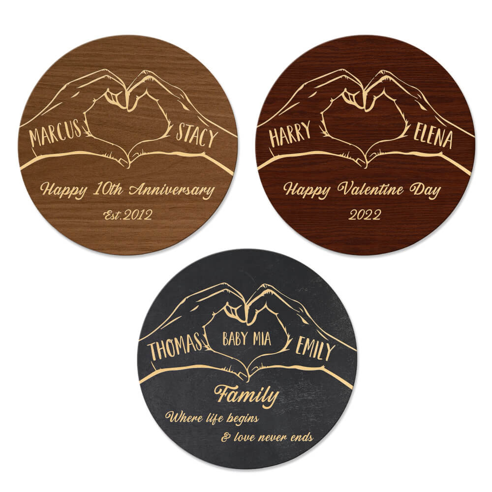 MeMate Custom Wooden Couple Sign Hanging Wall Decor - Personalized Anniversary Signs - Round Rustic Wood Plaque Accessories for Couples, Newlyweds, Valentines Day