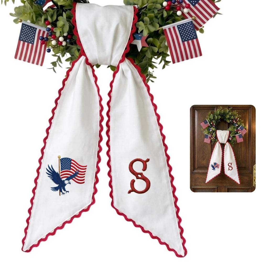 Patriotic Wreath Sash for Front Door, Eagle with US Flag Door Wreath Decor, 54x5 in Personalized Initial Wreath Ribbon, Monogram Embroidered Sash for Holiday, 4th of July Wreath Sashes, Housewarming Gifts