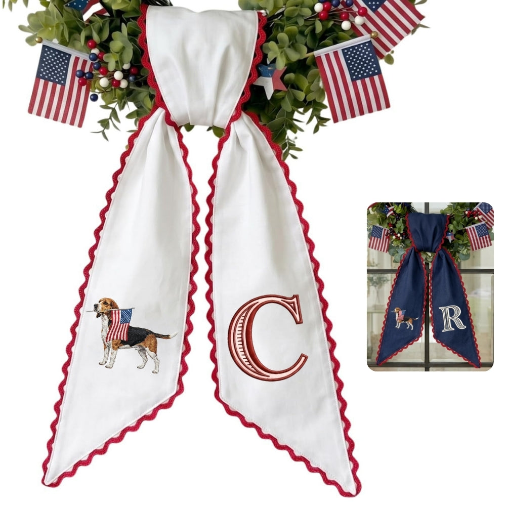Beagle with US Flag Wreath Sash for Front Door, Personalized Initial Name Wreath Sash, Patriotic Wreath Sash, Monogramed Embroidered Ribbon with Adjustable Bow Knot Farmhouse Door Wreath Decor, 4th July Gift for Family Friends