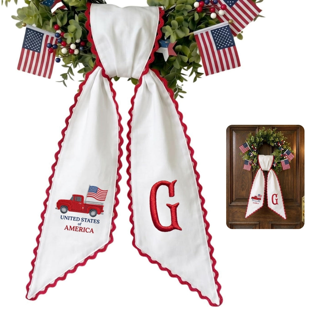 Patriotic Wreath Sash for Front Door, Red Truck US Flag Door Wreath Decor, 54x5 in Personalized Initial Wreath Ribbon, Monogram Embroidered Sash for Holiday, 4th of July Wreath Sashes, Housewarming Gifts