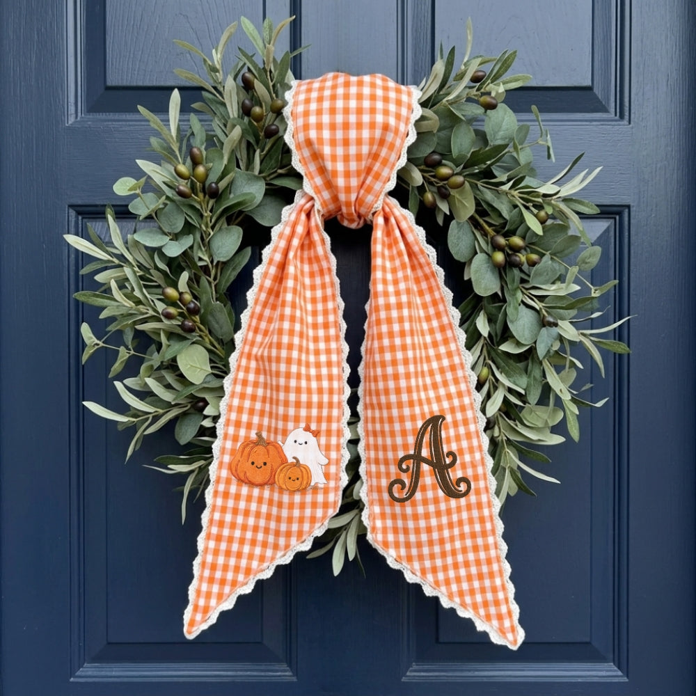 Fall Wreath Sash Bow Embroidered Initials, Personalized Monogram Wreath Sashes 54x5 in, Pumpkins Wreath Ribbon for Front Door, Garland Accessories, Autumn Farmhouse Door Wreath Decor