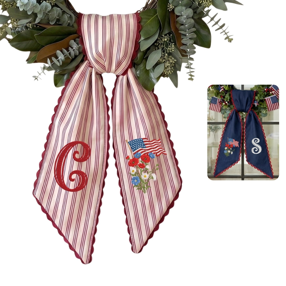 US Flag WithFlowers Patriotic Wreath Sash 54x5 Inch, Wreath Sash for Front Door, Personalized Embroidered Monogram Sash, Independence Day Front Door Decor, America Flag with Bow Wreath Sashes