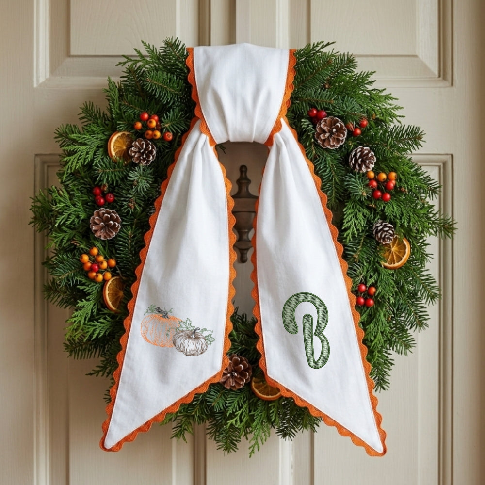 Fall Wreath Sash Bow Embroidered Initials, Personalized Monogram Wreath Sashes 54x5 in, Pumpkins Wreath Ribbon for Front Door, Garland Accessories, Autumn Farmhouse Door Wreath Decor